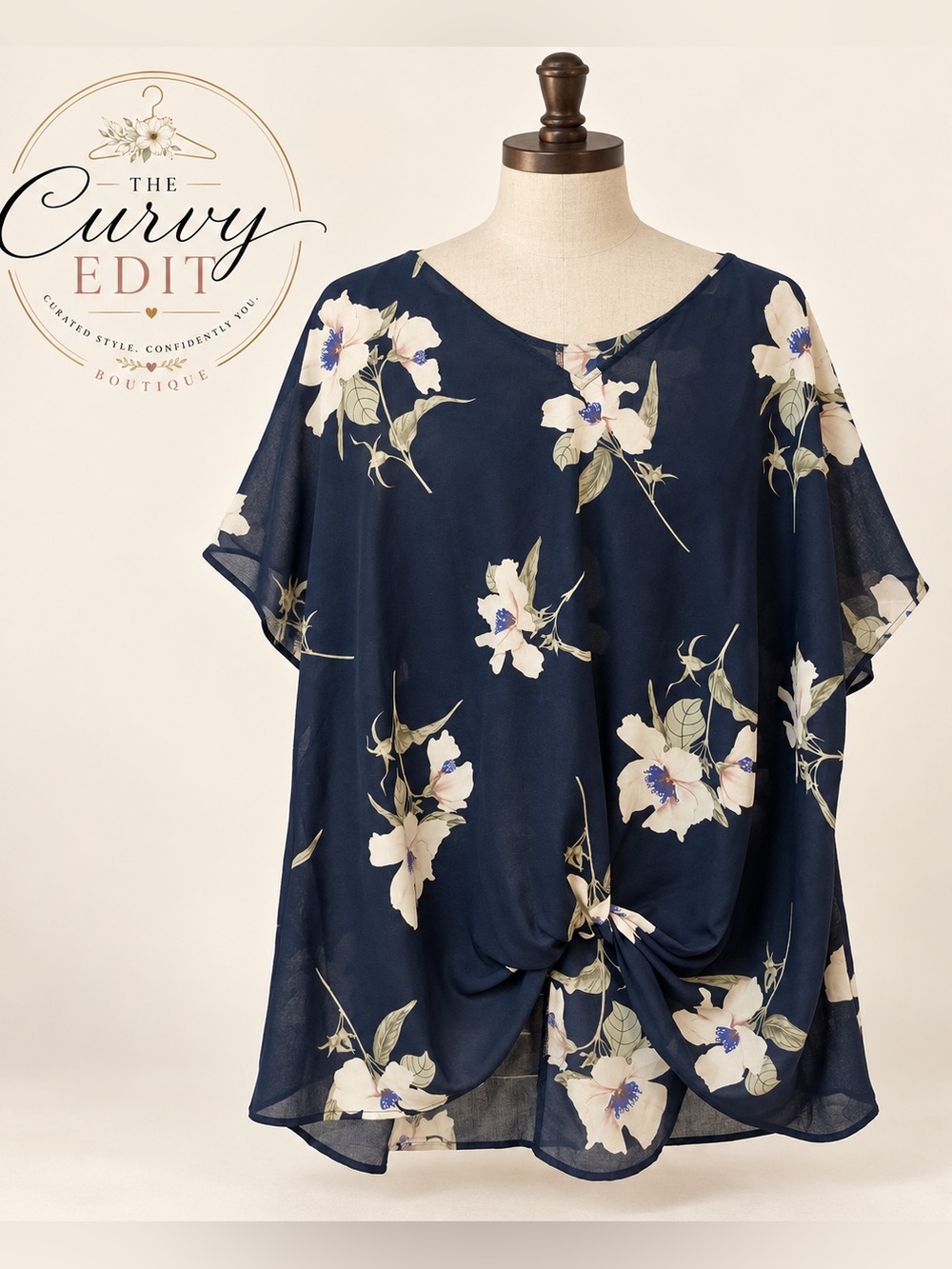 West Kei XXL Plus Size Navy Floral Twist Front Dolman Tunic Top Romantic Chic